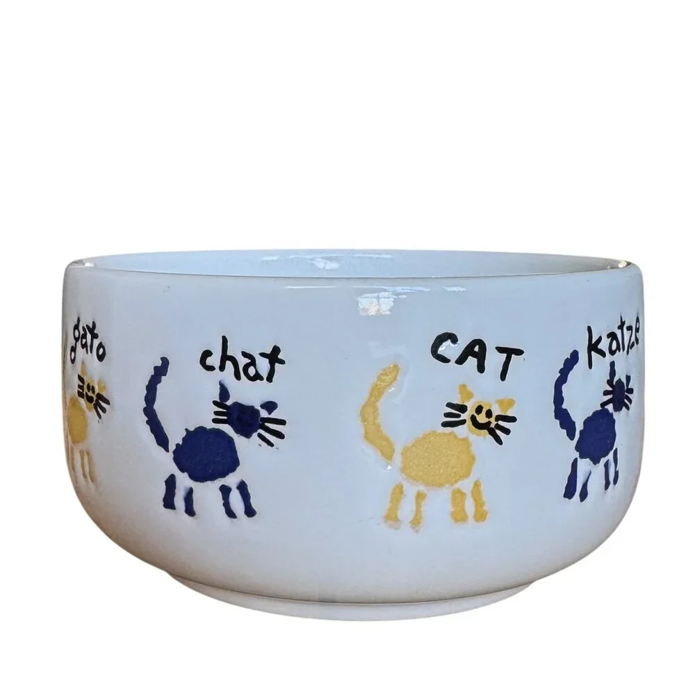 Vintage Waechtersbach Cat Food Water Bowl Ceramic Multiple languages Graphics